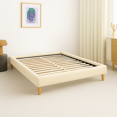 Lit Traditionnel 140x190 Cm Tissu Bouclette Sable - Montage Rapide - Sommier Inclus