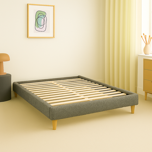 Lit  90x190cm Tissu Bouclette Gris - Montage Rapide - Sommier Inclus