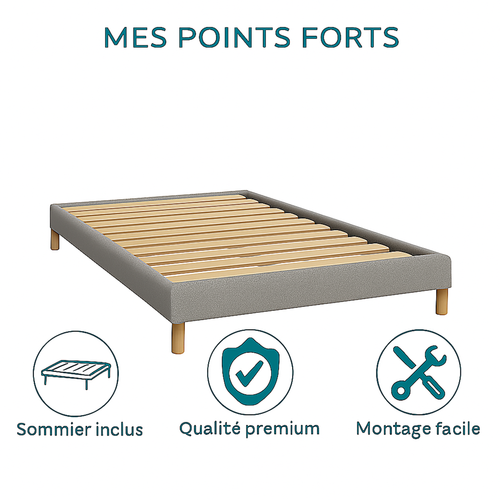 Lit  200x200cm Tissu Bouclette Gris - Montage Rapide - Sommier Inclus
