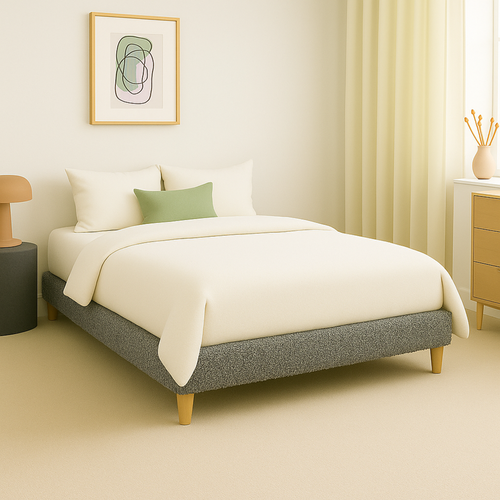 Lit  200x200cm Tissu Bouclette Gris - Montage Rapide - Sommier Inclus