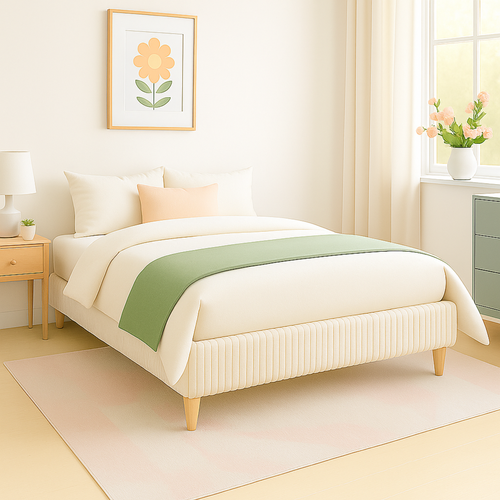 Lit Traditionnel 180x200 Cm Velours Cotelé Beige - Montage Rapide - Sommier Inclus