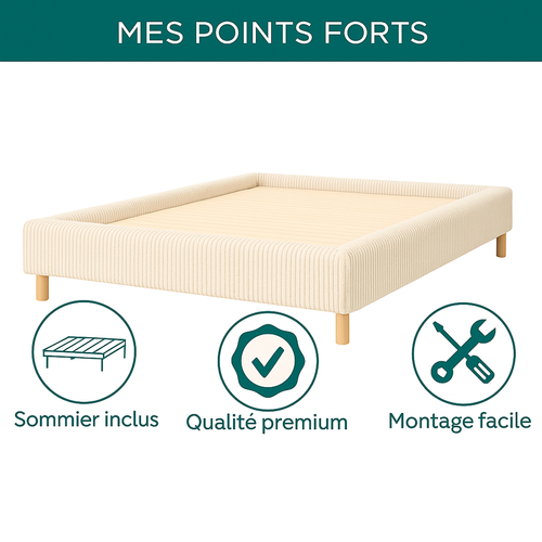 Lit Traditionnel 200x200 Cm Velours Cotelé Beige - Montage Rapide - Sommier Inclus