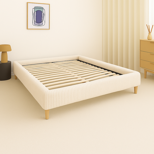 Lit Traditionnel 90x190 Cm Velours Cotelé Beige - Montage Rapide - Sommier Inclus