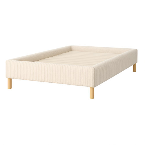 Lit Traditionnel 90x190 Cm Velours Cotelé Beige - Montage Rapide - Sommier Inclus