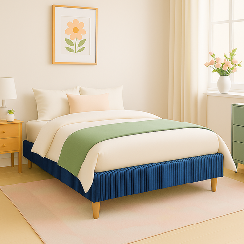 Lit Traditionnel 90x190 Cm Velours Cotelé Bleu - Montage Rapide - Sommier Inclus