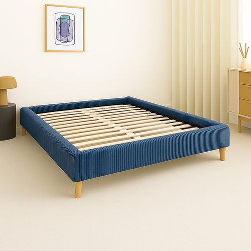 Lit Traditionnel 90x190 Cm Velours Cotelé Bleu - Montage Rapide - Sommier Inclus