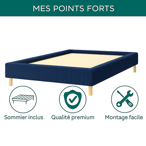 Lit Traditionnel 180x200 Cm Velours Cotelé Bleu - Montage Rapide - Sommier Inclus