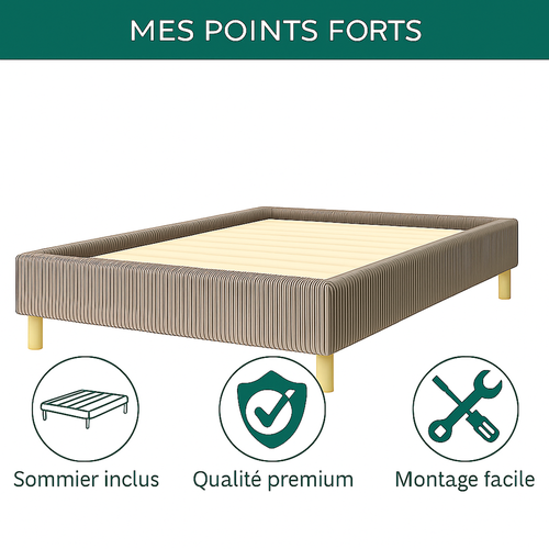 Lit Traditionnel 140x190 Cm Velours Cotelé Gris- Montage Rapide - Sommier Inclus