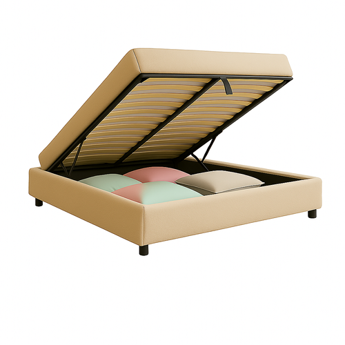 Lit Coffre 180x200cm Tissu Bouclette Sable - Espace De Rangement XXL - Sommier à Lattes Inclus