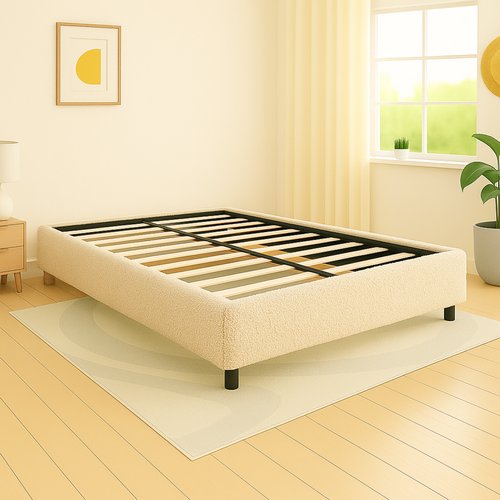 Lit Coffre 180x200cm Tissu Bouclette Sable - Espace De Rangement XXL - Sommier à Lattes Inclus