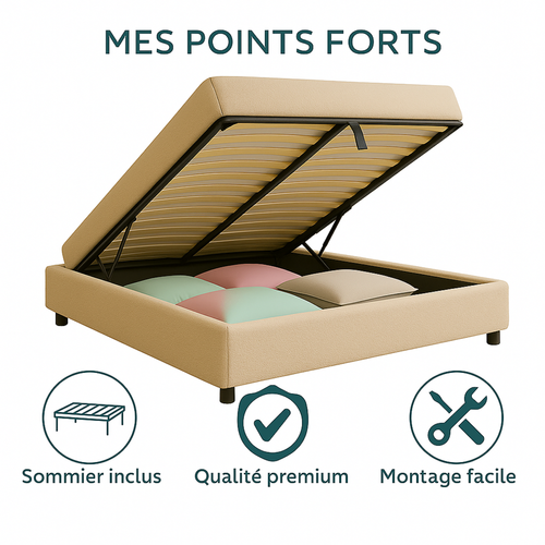 Lit Coffre 200x200cm Tissu Bouclette Sable - Espace De Rangement XXL - Sommier à Lattes Inclus