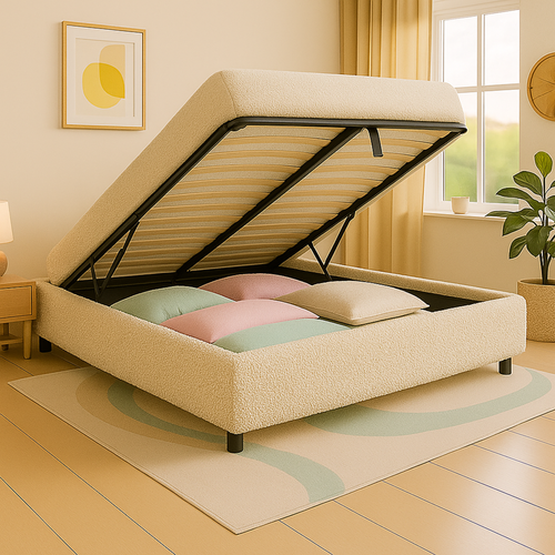 Lit Coffre 90x190cm Tissu Bouclette Sable - Espace De Rangement XXL - Sommier à Lattes Inclus