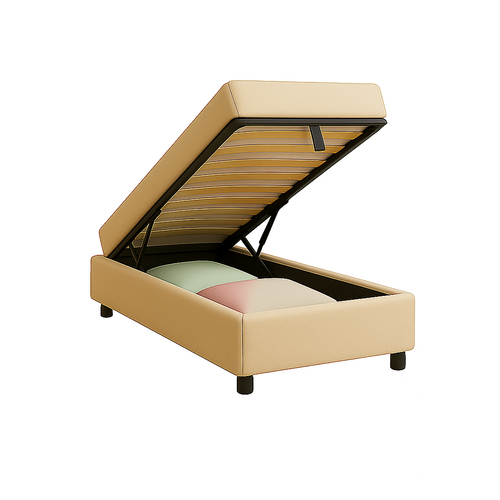 Lit Coffre 90x190cm Tissu Bouclette Sable - Espace De Rangement XXL - Sommier à Lattes Inclus