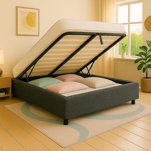 Lit Coffre 180x200cm Tissu Bouclette Gris - Espace De Rangement XXL - Sommier à Lattes Inclus