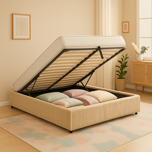 Lit Coffre 180x200cm Velours Cotelé Beige - Espace De Rangement XXL - Sommier à Lattes Inclus