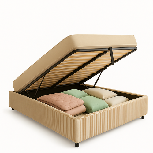 Lit Coffre 180x200cm Velours Cotelé Beige - Espace De Rangement XXL - Sommier à Lattes Inclus