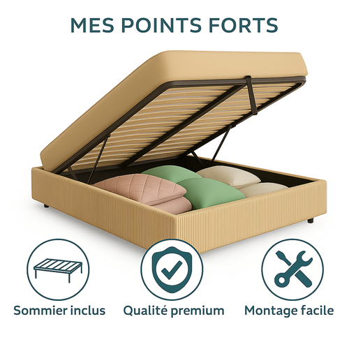 Lit Coffre 90x190cm Velours Cotelé Beige - Espace De Rangement XXL - Sommier à Lattes Inclus