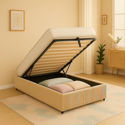 Lit Coffre 90x190cm Velours Cotelé Beige - Espace De Rangement XXL - Sommier à Lattes Inclus