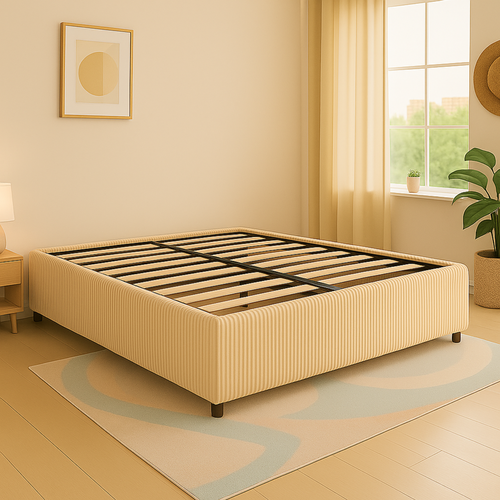 Lit Coffre 90x190cm Velours Cotelé Beige - Espace De Rangement XXL - Sommier à Lattes Inclus