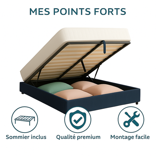 Lit Coffre 180x200cm Velours Cotelé Bleu - Espace De Rangement XXL - Sommier à Lattes Inclus