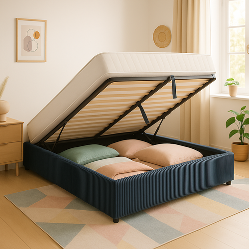 Lit Coffre 180x200cm Velours Cotelé Bleu - Espace De Rangement XXL - Sommier à Lattes Inclus