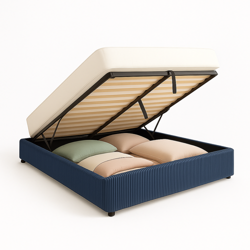 Lit Coffre 180x200cm Velours Cotelé Bleu - Espace De Rangement XXL - Sommier à Lattes Inclus