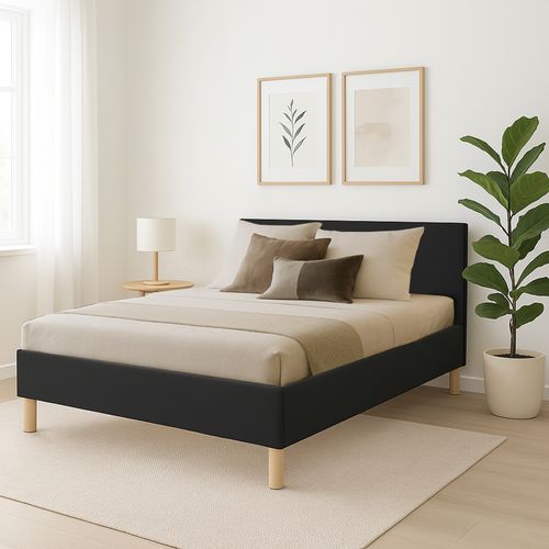 Lit 140x190 Cm Colisée Avec Tête De Lit - Robuste Et Confortable - Simili Cuir - Noir