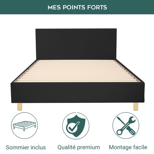 Lit 140x190 Cm Colisée Avec Tête De Lit - Robuste Et Confortable - Simili Cuir - Noir