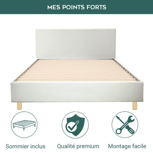 Lit 90x190 Cm Colisée Avec Tête De Lit - Robuste Et Confortable - Simili Cuir - Blanc