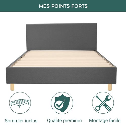 Lit  90x190 Cm Colisée Avec Tête De Lit- Robuste Et Confortable - Tissu - Gris Foncé