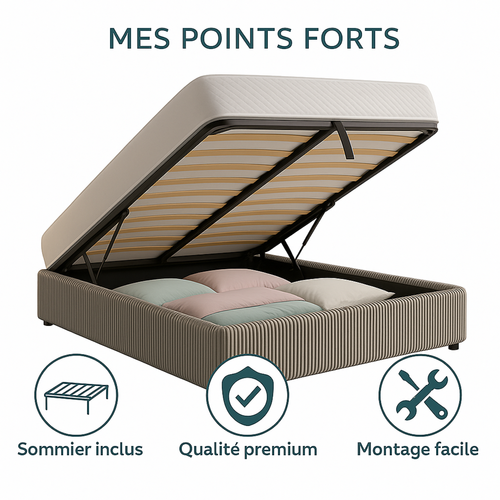 Lit Coffre 160x200cm Velours Cotelé Gris - Espace De Rangement XXL - Sommier à Lattes Inclus