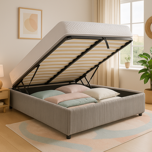 Lit Coffre 160x200cm Velours Cotelé Gris - Espace De Rangement XXL - Sommier à Lattes Inclus