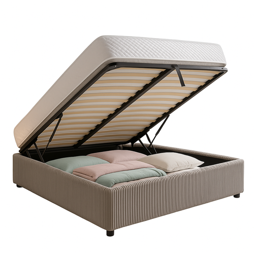 Lit Coffre 200x200cm Velours Cotelé Gris - Espace De Rangement XXL - Sommier à Lattes Inclus