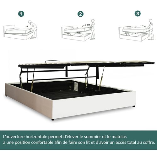 Lit Coffre Ouverture Latérale Et Frontale Simili Cuir Blanc - 90 X 190 Cm
