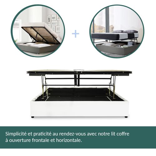Lit Coffre Ouverture Latérale Et Frontale Simili Cuir Blanc - 90 X 190 Cm
