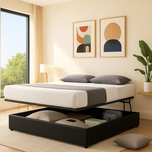 Lit Coffre Ouverture Latérale Et Frontale Simili Cuir Noir - 90 X 190 Cm