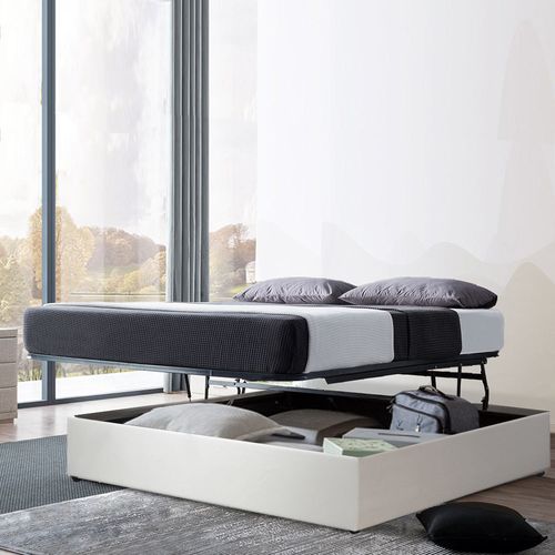 Lit Coffre Ouverture Latérale Et Frontale Simili Cuir Blanc - 160 X 200 Cm