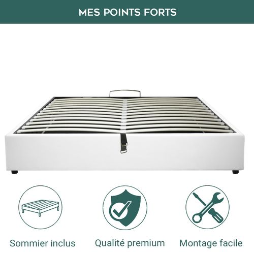 Lit Coffre Ouverture Latérale Et Frontale Simili Cuir Blanc - 160 X 200 Cm