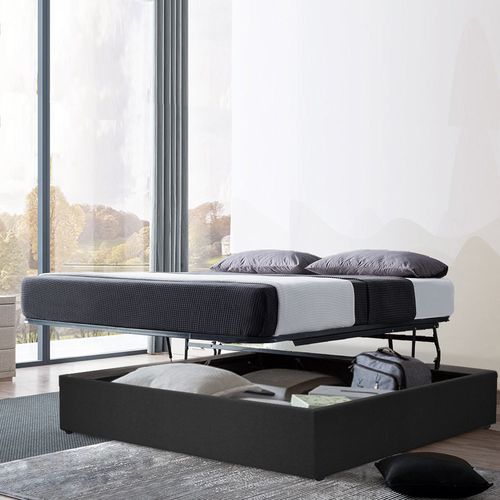 Lit Coffre Ouverture Latérale Et Frontale Tissu Gris Foncé - 160 X 200 Cm