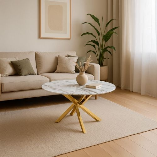Table Basse Ronde En Verre Effet Marbre Et Pieds Doré Holy
