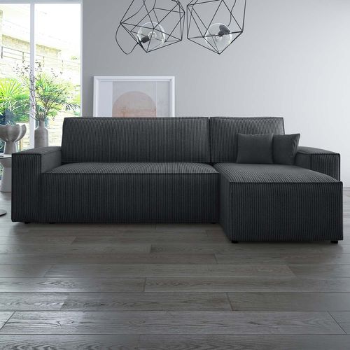 Canapé D'angle Convertible Réversible Lorenzo En Velours Côtelé Noir