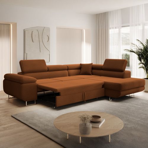 Canapé D'angle Droit Convertible Marius Velours Côtelé Terracotta