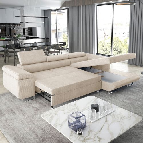 Canapé D'angle Droit Convertible Alphonso Velours Côtelé Beige