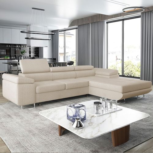 Canapé D'angle Droit Convertible Alphonso Velours Côtelé Beige