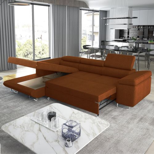 Canapé D'angle Gauche Convertible Alphonso Velours Côtelé Terracotta