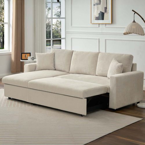 Canapé D'angle Convertible Rico Velours Côtelé Beige