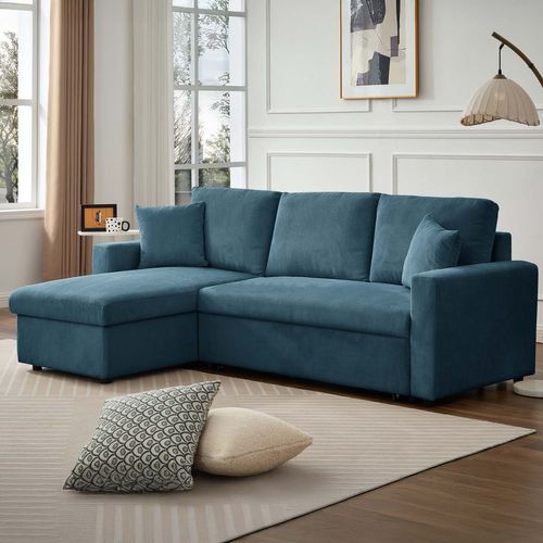 Canapé D'angle Convertible Rico Velours Côtelé Bleu