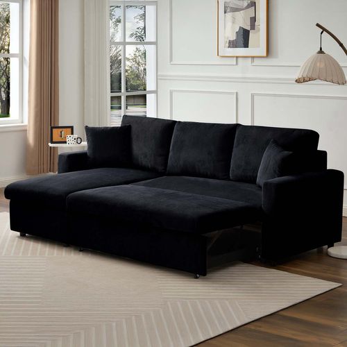 Canapé D'angle Convertible Rico Velours Côtelé Noir
