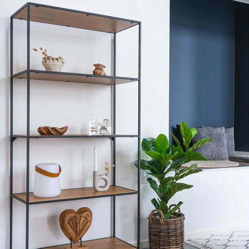 Etagère Large 5 Plateaux Acier Noir Et Bois Naturel - Vollrad