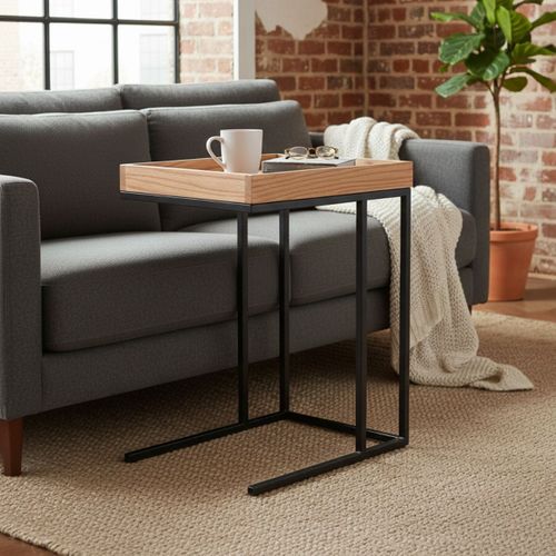 Table D'appoint Effet Chêne Et Métal Noir - Reno